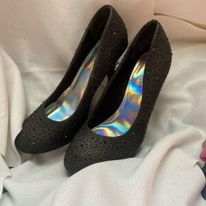 Silver Slipper Black heels with rhinestones